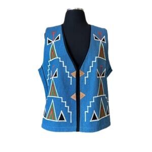 Rojo Native American Tribal Open Front Vest Blue Size M Southwest Aztec Denim